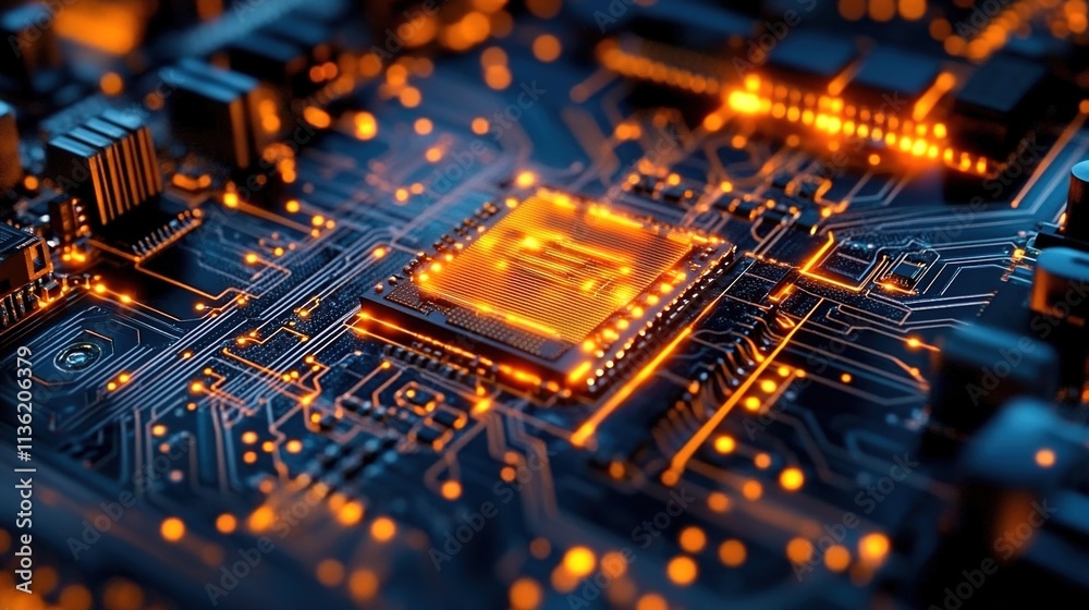 A close-up of an advanced circuit board with glowing elements, highlighting the chip at its center. A close-up of an advanced circuit board with glowing elements, highlighting the chip at its center.