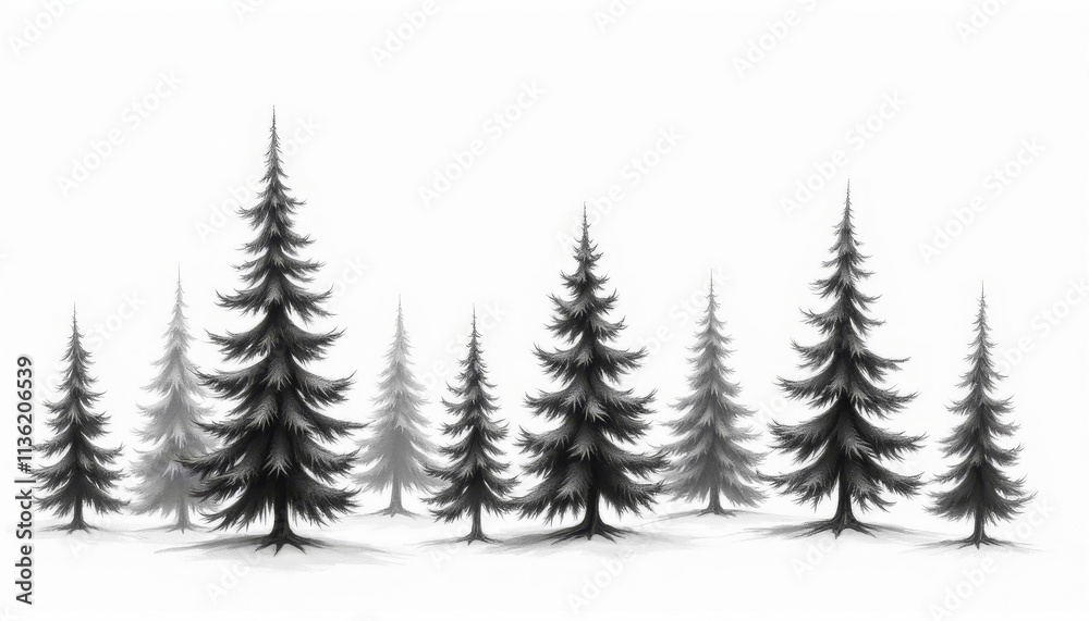 Obraz premium Charcoal sketches of pine trees, subtle and detailed natural elements