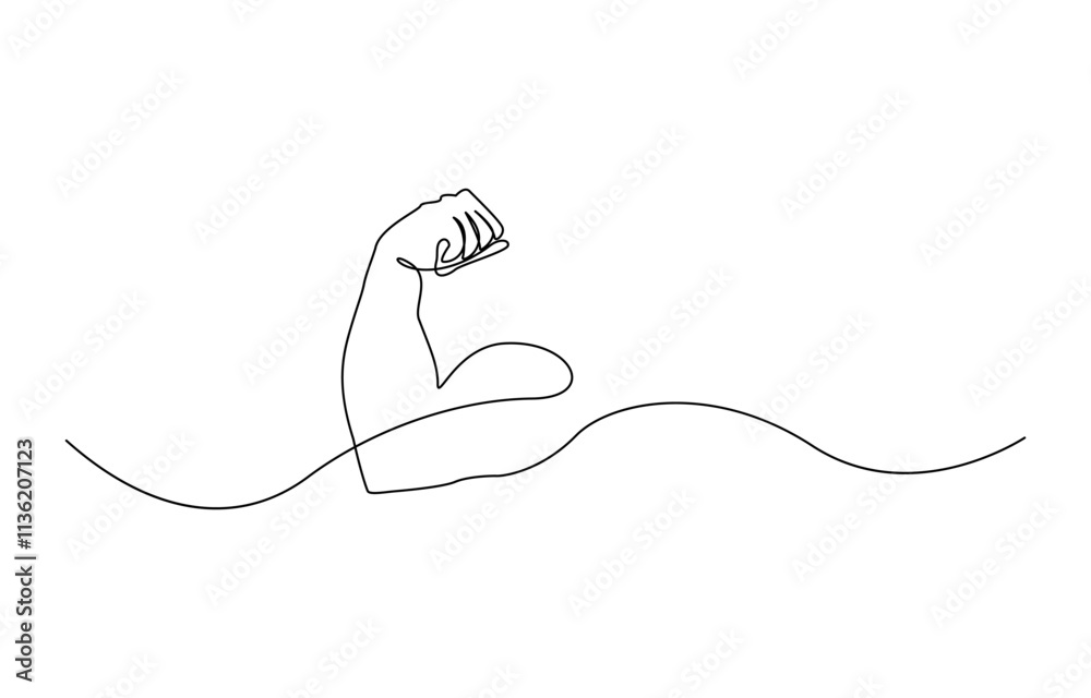 Arm shows bicep fist. Continuous one line vector, Man's hand shows a fist on the biceps in line style. Continuous one line vector drawing , shows bicep continuous one line vector drawing. Arm shows bicep fist. Continuous one line vector, Man's hand shows a fist on the biceps in line style. Continuous one line vector drawing , shows bicep continuous one line vector drawing.