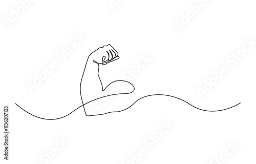 Arm shows bicep fist. Continuous one line vector, Man's hand shows a fist on the biceps in line style. Continuous one line vector drawing ,  shows bicep continuous one line vector drawing.