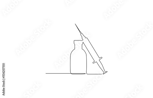 One continuous line drawing of medicine set with syringe and vial, Doodle contour vector illustration. One continuous line drawing of medicine set with syringe and vial. Pharmaceutical components.