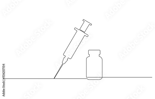 One continuous line drawing of medicine set with syringe and vial, Doodle contour vector illustration. One continuous line drawing of medicine set with syringe and vial. Pharmaceutical components.