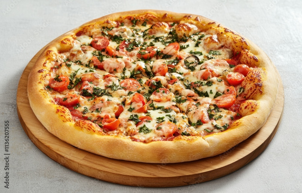 A delicious pizza topped with cheese, tomatoes, and herbs on a wooden serving board. A delicious pizza topped with cheese, tomatoes, and herbs on a wooden serving board.