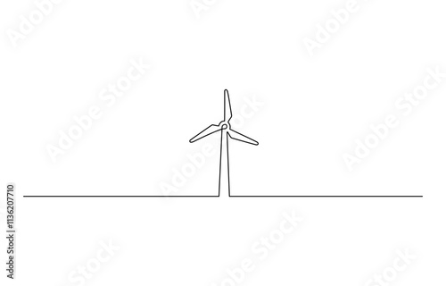 Continuous one line drawing of wind turbine. One line drawing illustration of windmill energy, A single line drawing of a wind turbine, wind power, windmill tower, a black line illustration.