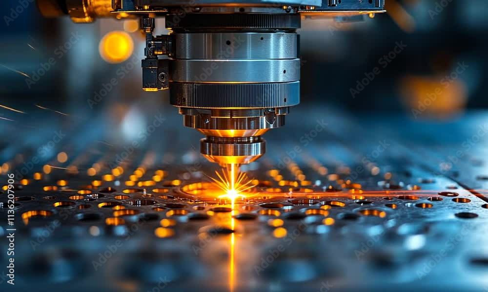 A laser cutting machine in action, creating precise metal shapes.