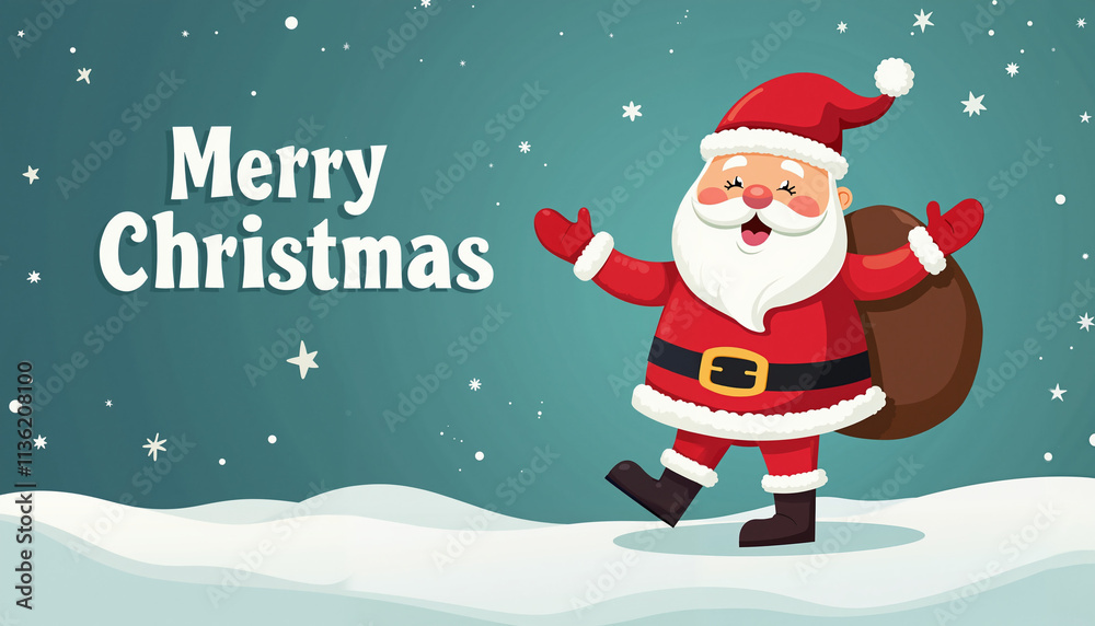 A cartoon illustration of Santa Claus in a red suit with a white beard and red hat walking on snow, he holds a large brown sack. The artwork is a flat and simple style on a light blue background with A cartoon illustration of Santa Claus in a red suit with a white beard and red hat walking on snow, he holds a large brown sack. The artwork is a flat and simple style on a light blue background with