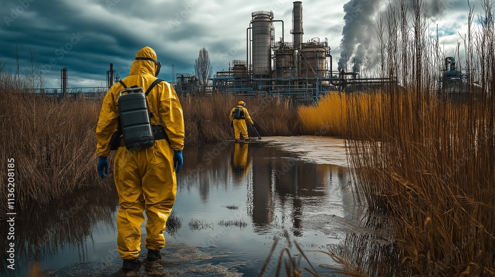 Workers in yellow hazmat suits inspecting toxic spill — industrial pollution scenes Workers in yellow hazmat suits inspecting toxic spill — industrial pollution scenes