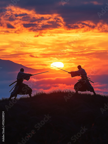 Samurai duel at sunset. Concept of tradition, skill, and conflict.