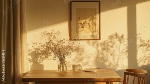 A serene table setting with a vase of dried flowers, bathed in warm sunlight.