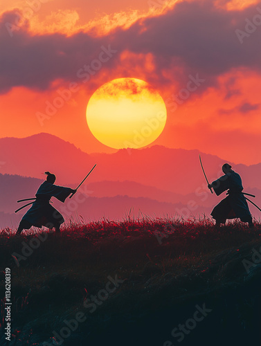 Samurai duel at sunset. Concept of tradition, honor, and battle.