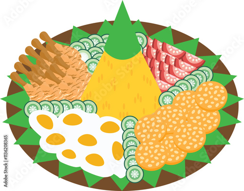 Illustration of Tumpeng Rice With Side Dishes, Nasi Tumpeng, Indonesia Traditional Foods, Ceremony Traditional Food