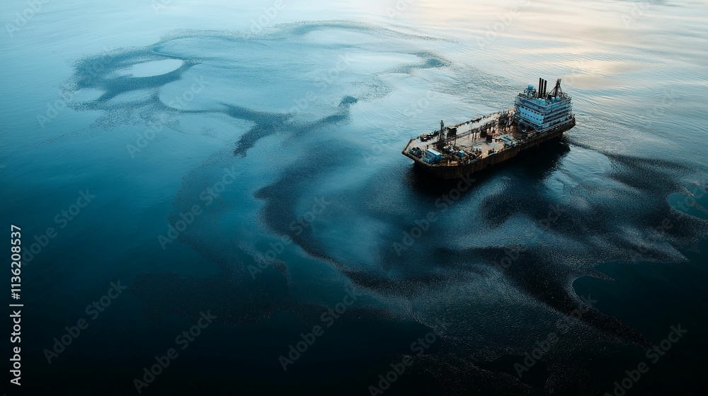 Naklejka premium Isolated oil platform amid oil spill in calm ocean — eco-awareness campaigns