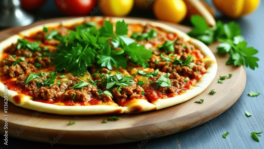 Rustic pizza, ground meat topping, fresh herbs, wooden board, colorful vegetables, vibrant colors, food photography, close-up shot, artisanal cuisine, Italian food, comfort meal, gourmet presentation, Rustic pizza, ground meat topping, fresh herbs, wooden board, colorful vegetables, vibrant colors, food photography, close-up shot, artisanal cuisine, Italian food, comfort meal, gourmet presentation,