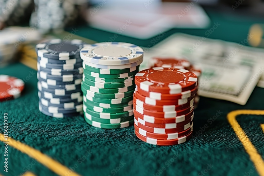 Vibrant casino scene stacked poker chips and cash bundles create a dynamic gambling ambiance Vibrant casino scene stacked poker chips and cash bundles create a dynamic gambling ambiance