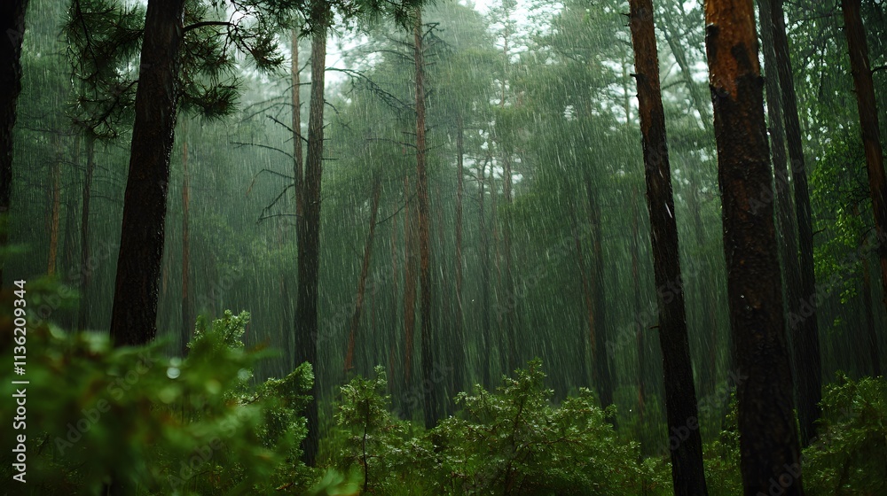Fototapeta premium A forest path is shown in the rain. The trees are tall and green, and the path is muddy. Scene is peaceful and serene, as the rain creates a calming atmosphere