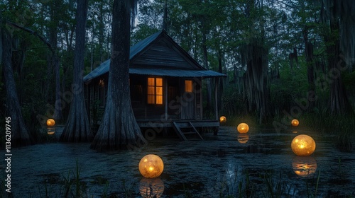 Illuminated Cabin on Still Swamp Waters at Night