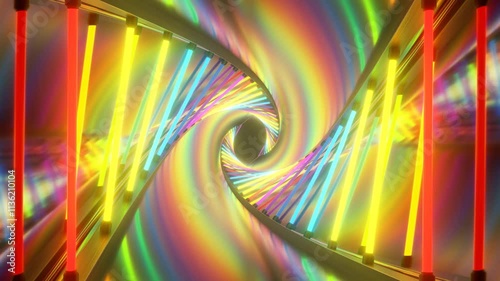 Futuristic Vibrant Neon Light Tunnel Shiny Twisted Reflection Vortex - 4K Seamless VJ Loop Motion Background Animation