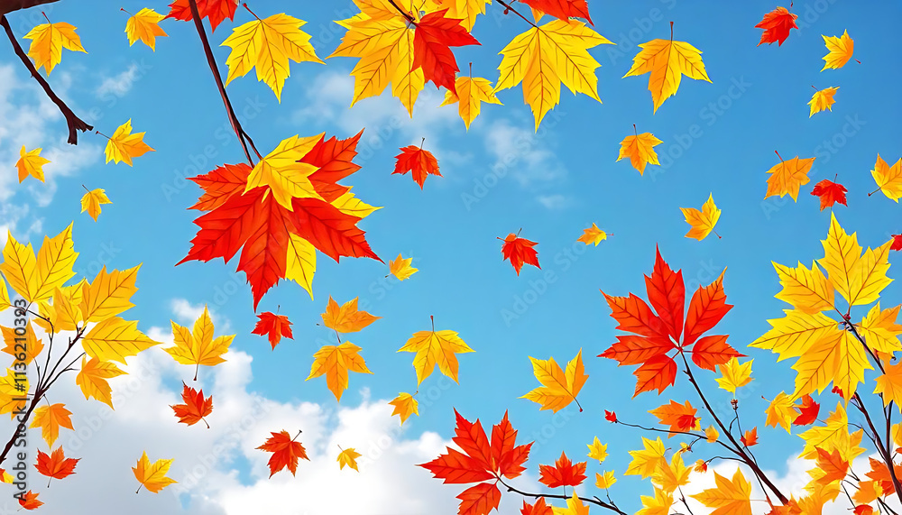 Autumn Frame With Falling Maple Leaves on Sky Background. Elegant Design with Rays of Sun. Vector Illustration. Autumn Frame With Falling Maple Leaves on Sky Background. Elegant Design with Rays of Sun. Vector Illustration.