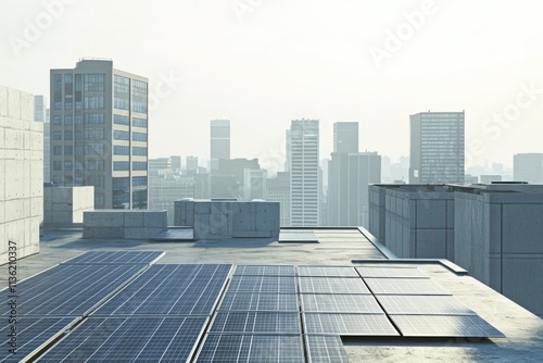 Solar panels on a commercial rooftop, urban cityscape, stock photo photo