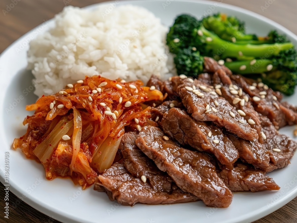 A plate featuring rice, beef, broccoli, and kimchi, showcasing a delicious meal. A plate featuring rice, beef, broccoli, and kimchi, showcasing a delicious meal.