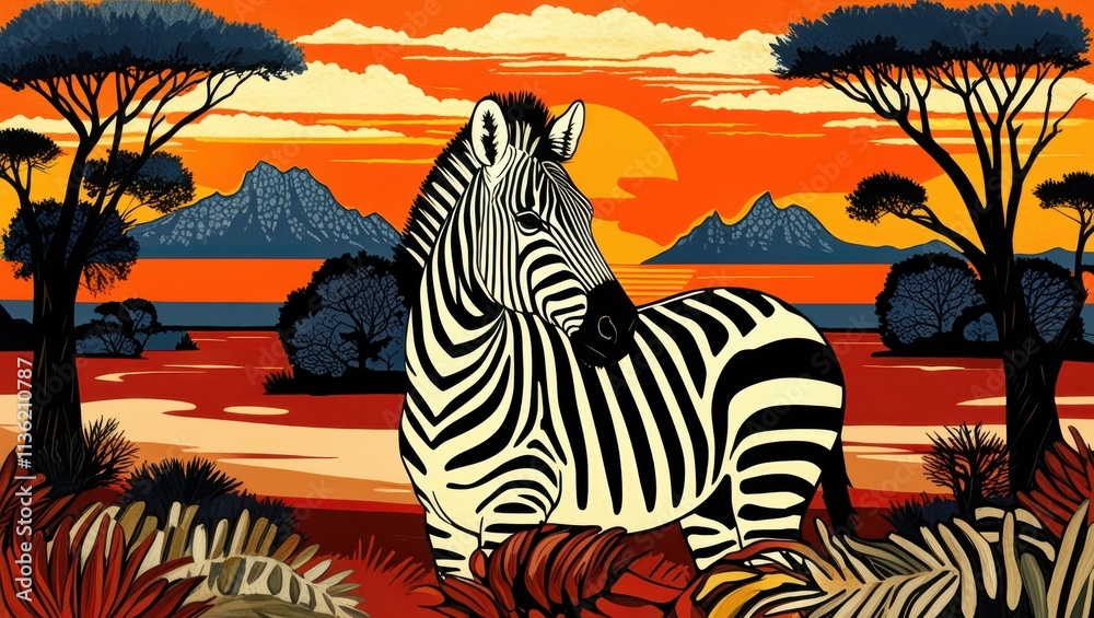 Naklejka premium African savanna, zebra, acacia tree, dramatic sunset, vibrant colors, orange sky, stylized clouds, silhouette landscape, graphic art style, bold contrasts, wildlife illustration, safari scene, colorfu