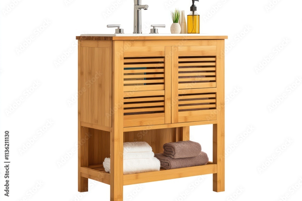 Bamboo bathroom vanity with double doors, shelf, and sink. Bamboo bathroom vanity with double doors, shelf, and sink.