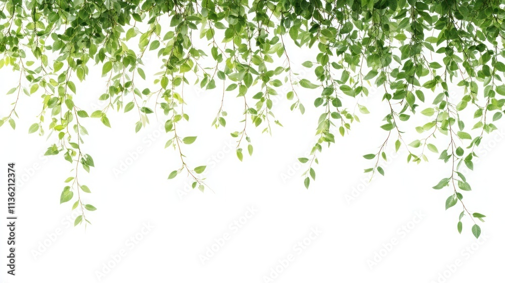 Lush green vines with leaves hanging down isolated on white background. Lush green vines with leaves hanging down isolated on white background.