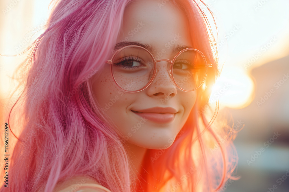 Young Pretty pink-haired girl at outdoors with glasses Young Pretty pink-haired girl at outdoors with glasses