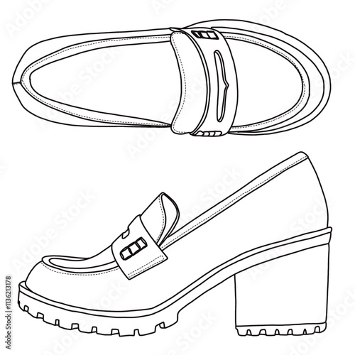 Women's Chunky Mid Heel Lug Sole Penny Loafer Shoes Line art, Technical sketch hand drawing outline vector doodle top and side view isolated on white background for coloring page