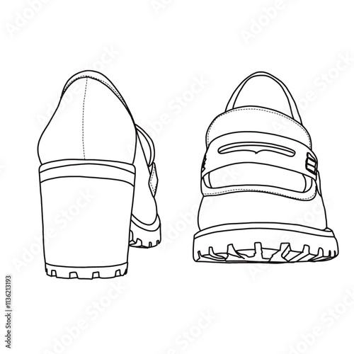 Women's Chunky Mid Heel Lug Sole Penny Loafer Shoes Line art, Technical sketch hand drawing outline vector doodle front and rear view isolated on white background for coloring page