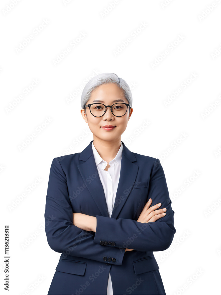 Asian woman aged 20-30 years old, wearing classic suit, looking confident with glasses, with bald and gray hair. Asian woman aged 20-30 years old, wearing classic suit, looking confident with glasses, with bald and gray hair.