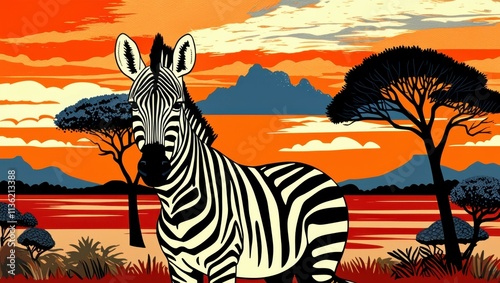 African savanna, zebra, acacia tree, dramatic sunset, vibrant colors, orange sky, stylized clouds, silhouette landscape, graphic art style, bold contrasts, wildlife illustration, safari scene, colorfu photo