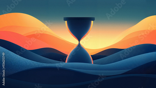An hourglass stands prominently as the sun sets behind colorful hills, creating a serene atmosphere