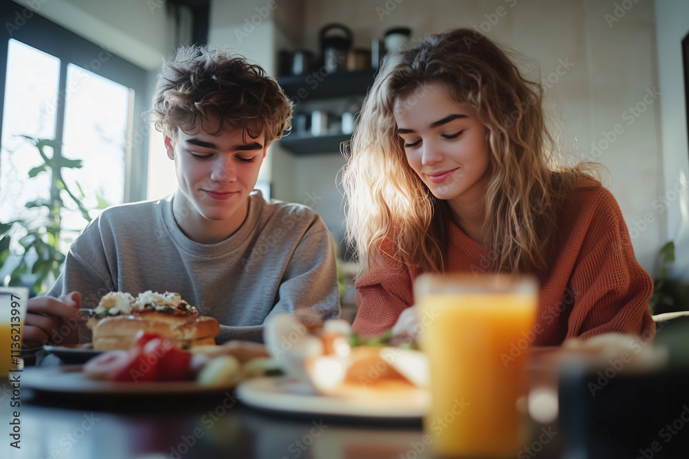 Young caucasian couple at indoors having breakfast Young caucasian couple at indoors having breakfast