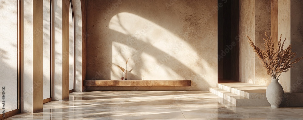 Modern minimalist empty room with beige walls and sunlight passing through arched windows Modern minimalist empty room with beige walls and sunlight passing through arched windows