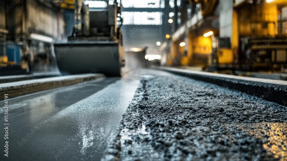 A close-up of the concrete slab manufacturing process, with machines mixing, pouring, and finishing slabs in a large plant. A close-up of the concrete slab manufacturing process, with machines mixing, pouring, and finishing slabs in a large plant.