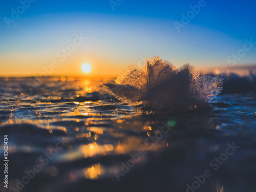 Frosty air and frozen lake surface in a beautiful sunset landscape. Beautiful ice shapes and sunlight. Photo from Sotkamo, Finland.