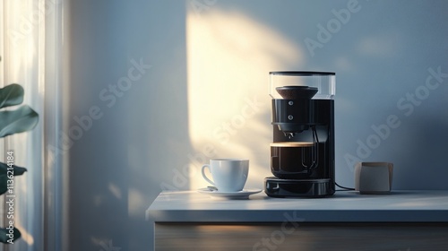 A clean product poster banner showcasing a premium coffee maker, with soft lighting and a neutral backdrop.