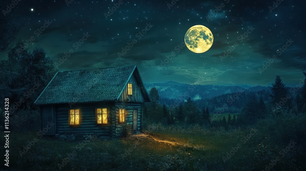 Naklejka premium Nighttime Cabin Scene Illuminates Mountain Forest Landscape