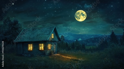Wallpaper Mural Nighttime Cabin Scene Illuminates Mountain Forest Landscape Torontodigital.ca