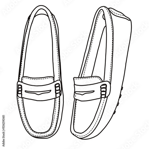 Women's Loafer Comfort Slip-On Fashion Boat Shoes Line art, Technical sketch hand drawing outline vector doodle front and Side 3D isometric view isolated on white background for coloring page
