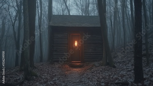 Lonely Cabin Beckons in a Foggy Forest at Night photo