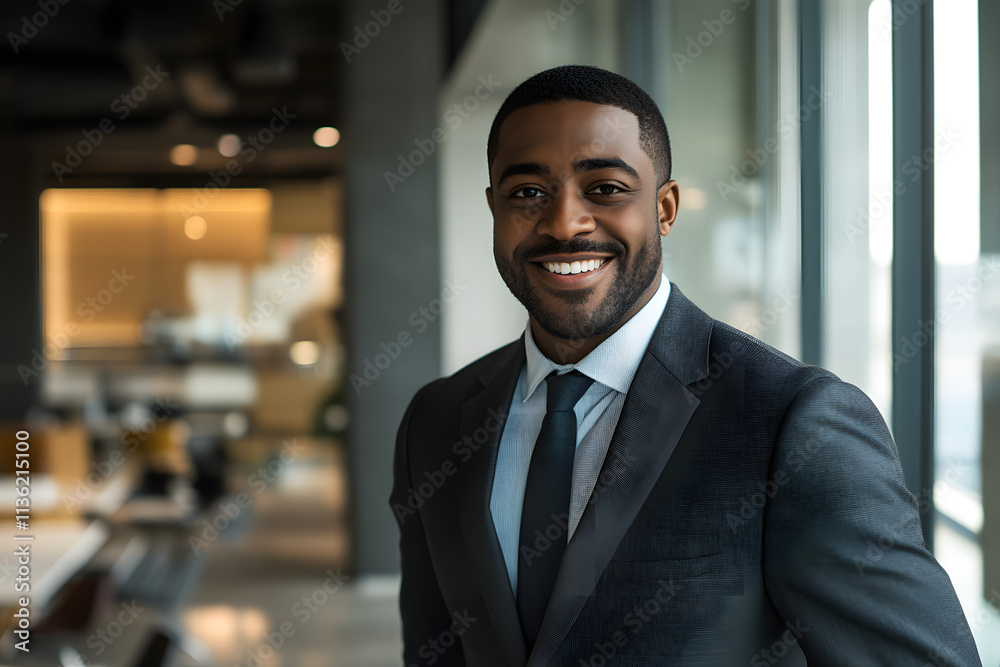 Fototapeta premium Professional African American businessman in modern office smiling confidently