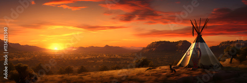 Sunset Silhouette: American Indian in Traditional Attire against a Landscape of Plains and Tepees