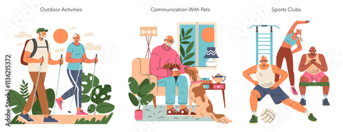 Pensioners Cope With Loneless. Flat Vector Illustration