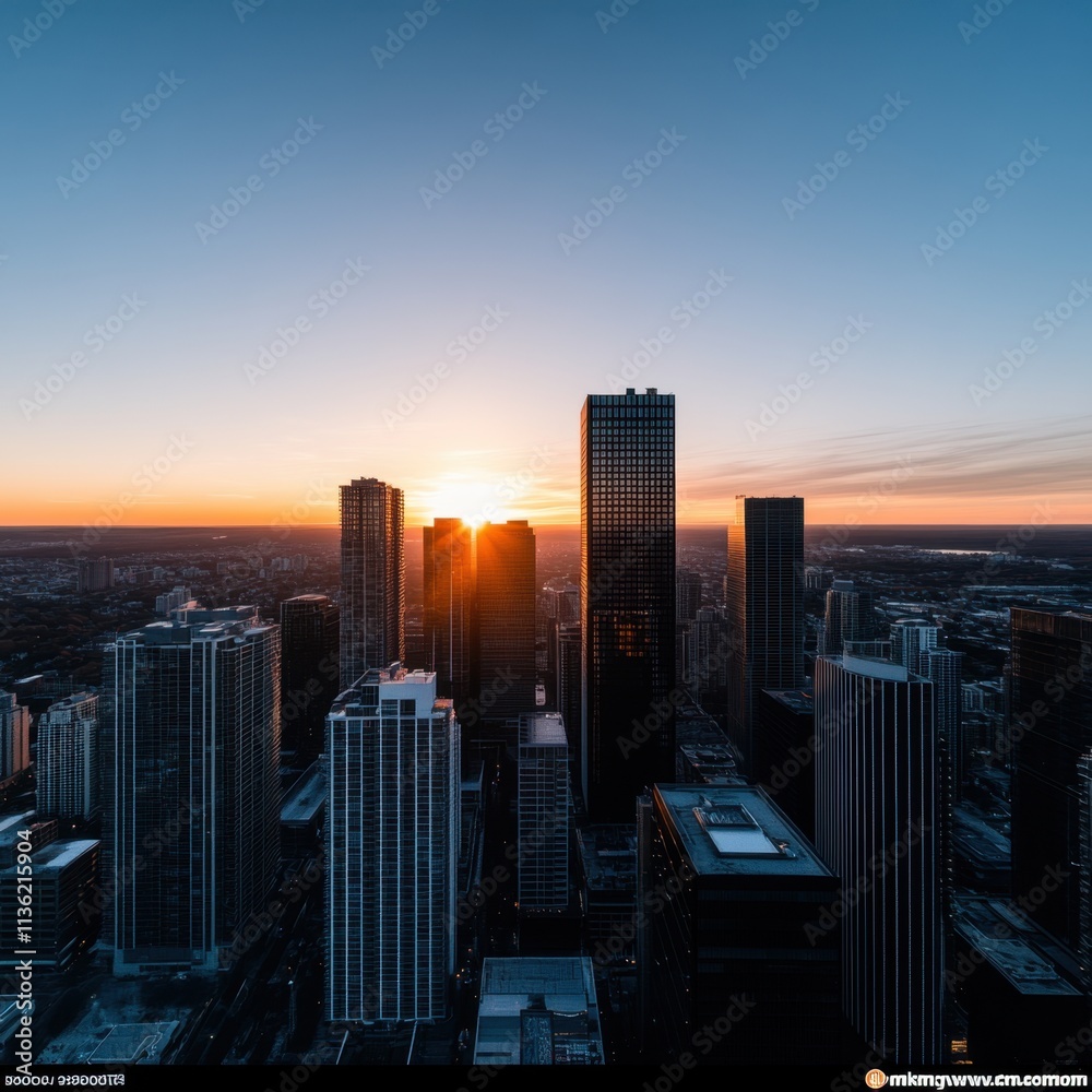 Fototapeta premium Serene urban sunrise: skyscraper silhouettes and vibrant horizons over cityscape