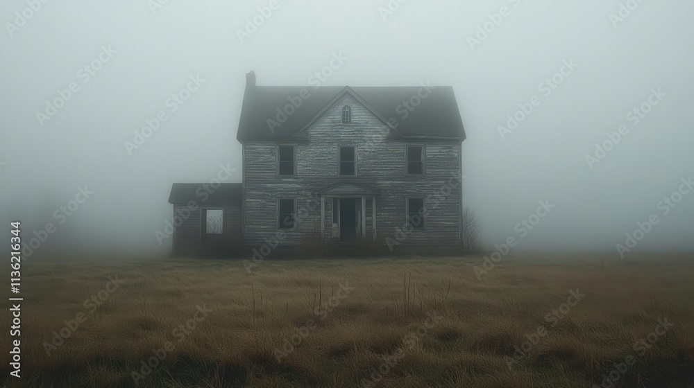 A weathered farmhouse stands shrouded in thick morning fog