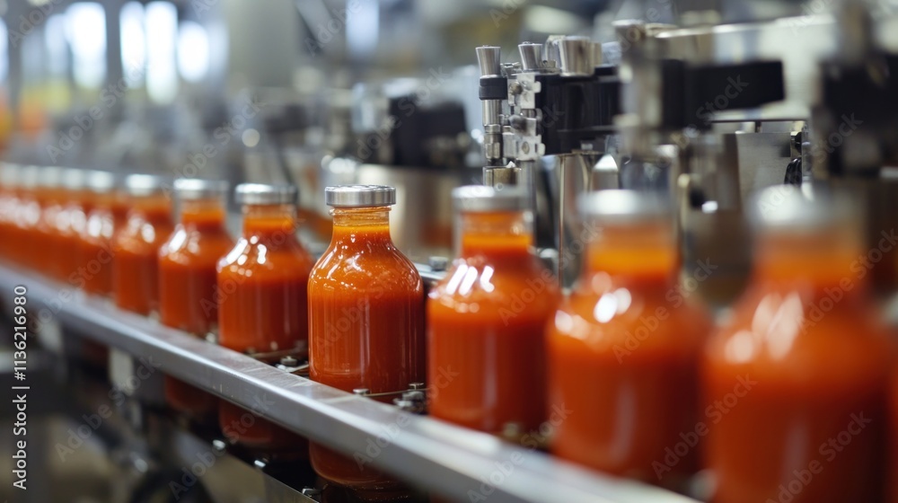 A large-scale sauce production factory featuring mixers, fillers, and packaging machines, efficiently processing sauce for distribution. A large-scale sauce production factory featuring mixers, fillers, and packaging machines, efficiently processing sauce for distribution.