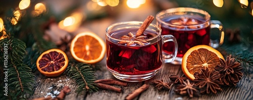 Christmas mulled wine with spices and christmas lights on wooden table