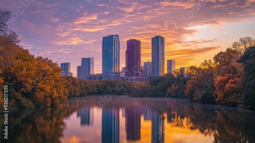 Wallpaper Mural modern skyline with tall towers, golden hour colors filling sky, reflections on river below, peaceful and serene cityscape, warm atmosphere Torontodigital.ca
